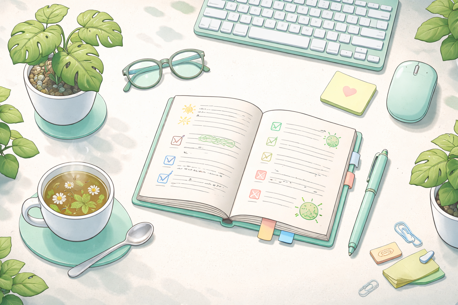 Espacio de trabajo minimalista con plantas y té para bienestar y productividad